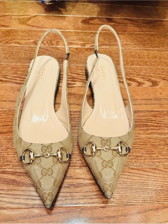 Gucci Shoes - Gucci Beige Monogram Pointed-Toe Slingback Flats with Gold Horsebit